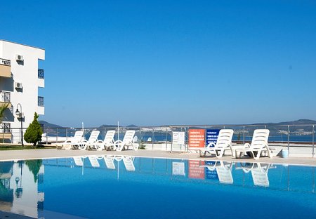 Apartment in Milas, Turkey: Pool with panoramic view of bay