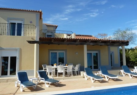 Villa in Alecrineira, Algarve: part of rear of villa, furnished terrace, deep shade, south facing ..